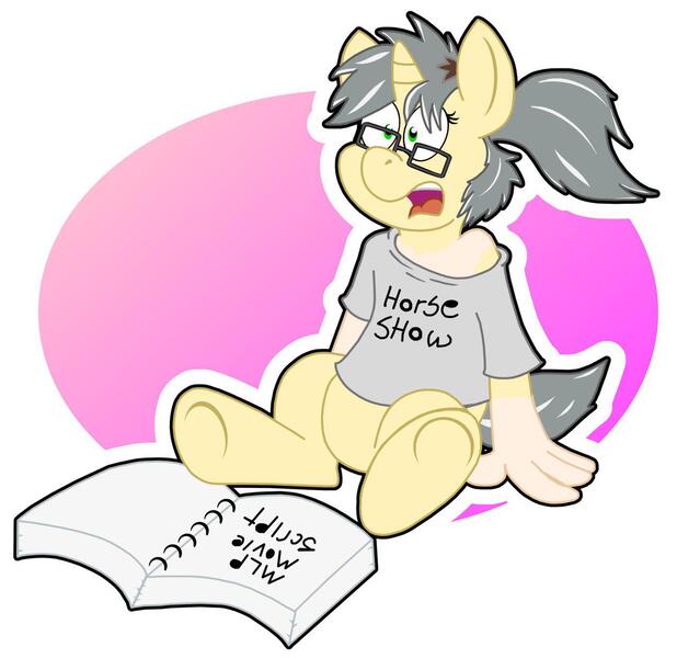 Size: 1280x1242 | Tagged: safe, artist:sketchymouse, derpibooru import, oc, oc:mercury shine, unofficial characters only, pony, book, clothes, human to pony, open mouth, script, shirt, simple background, sitting, solo, text, transformation