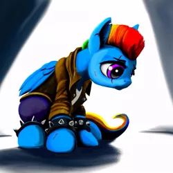 Size: 881x881 | Tagged: safe, artist:ponsce, derpibooru import, rainbow dash, oc, oc:dash vendar, pegasus, pony, fanfic:broken toy, clothes, eye scar, image, jpeg, rainbow punk, scar, sitting, solo, spiked wristband, wristband