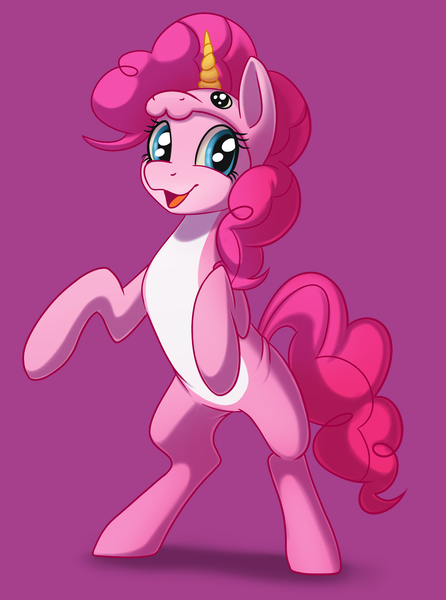 Size: 1485x2000 | Tagged: safe, artist:taneysha, derpibooru import, pinkie pie, pony, unicorn, clothes, costume, cute, diapinkes, get, index get, pale belly, pink background, rearing, simple background, smiling, solo, x00000 milestone