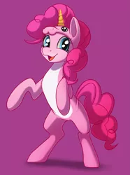 Size: 1485x2000 | Tagged: safe, artist:taneysha, derpibooru import, pinkie pie, pony, unicorn, clothes, costume, cute, diapinkes, get, index get, pale belly, pink background, rearing, simple background, smiling, solo, x00000 milestone