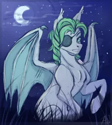 Size: 752x839 | Tagged: safe, artist:1an1, derpibooru import, oc, oc:icy mint, unofficial characters only, bat pony, pony, bat wings, crescent moon, eyepatch, moon, night, solo, stars, wings