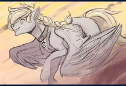 Size: 1566x1070 | Tagged: safe, artist:1an1, derpibooru import, oc, oc:windswept skies, unofficial characters only, pegasus, pony, braid, charm, cloud, collar, flying, male, open mouth, raised hoof, smiling, solo, spread wings, stallion, wings, yellow eyes