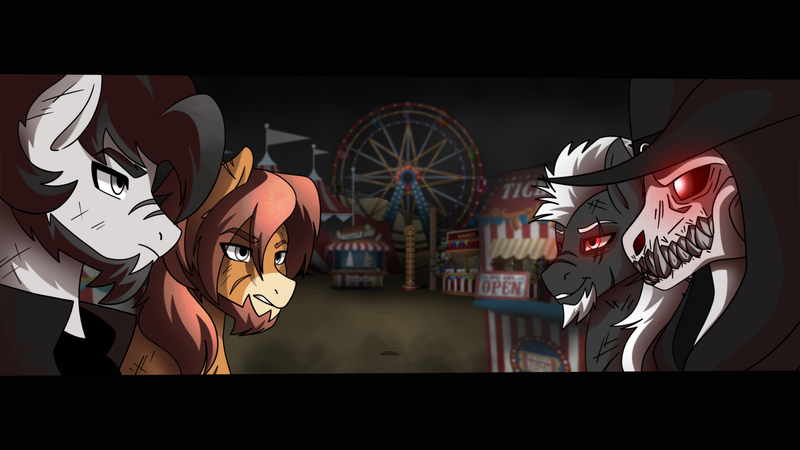 Size: 3840x2160 | Tagged: artist:ciderpunk, circus, confrontation, derpibooru import, fanfic, fanfic art, fanfic cover, oc, oc:brewedicedcoffee, oc:coldbrewcoffee, oc:scar, oc:skullface, red eyes, scar, semi-grimdark, unofficial characters only