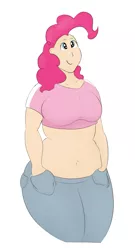 Size: 1351x2500 | Tagged: artist:lupin quill, belly button, chubby, clothes, curvy, derpibooru import, human, humanized, jeans, midriff, pants, pinkie pie, plump, safe, short shirt, simple background, solo