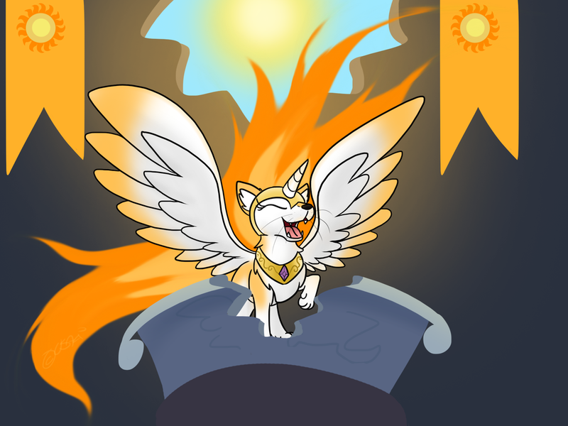 Size: 1024x768 | Tagged: safe, artist:usagi-zakura, derpibooru import, princess celestia, oc, oc:sun flare, wolf, armor, balcony, eyes closed, fangs, horn, laughing, my little wolf, open mouth, raised hoof, smiling, solo, species swap, spread wings, sunmutt, wings