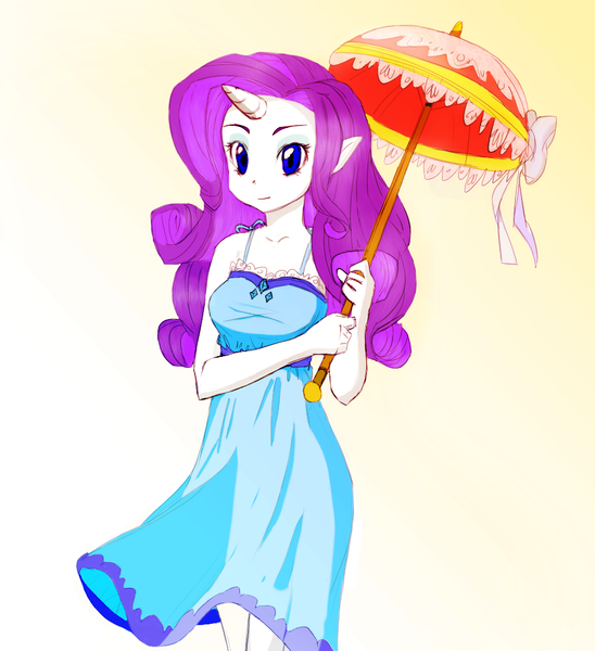 Size: 913x1000 | Tagged: artist:cabrony, artist:pimmy, clothes, colored, color edit, derpibooru import, dress, edit, elf ears, gradient background, horned humanization, human, humanized, rarity, safe, solo, sundress, umbrella