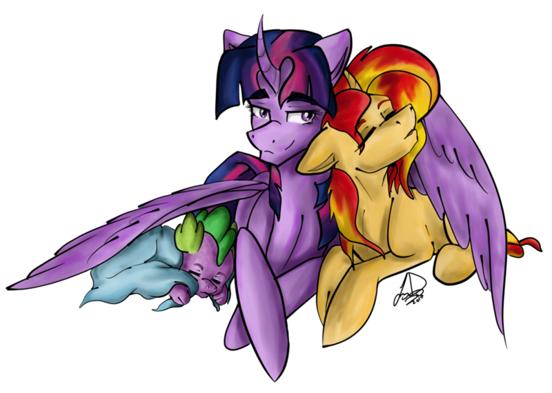 Size: 900x641 | Tagged: safe, artist:lyx-d, derpibooru import, spike, sunset shimmer, twilight sparkle, twilight sparkle (alicorn), alicorn, dragon, pony, unicorn, curved horn, cute, eyes closed, female, floppy ears, horn, hug, lesbian, male, mama twilight, mare, prone, shimmerbetes, shipping, simple background, sleeping, spikabetes, spikelove, sunsetsparkle, transparent background, twiabetes, winghug