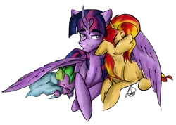 Size: 900x641 | Tagged: safe, artist:lyx-d, derpibooru import, spike, sunset shimmer, twilight sparkle, twilight sparkle (alicorn), alicorn, dragon, pony, unicorn, curved horn, cute, eyes closed, female, floppy ears, horn, hug, lesbian, male, mama twilight, mare, prone, shimmerbetes, shipping, simple background, sleeping, spikabetes, spikelove, sunsetsparkle, transparent background, twiabetes, winghug