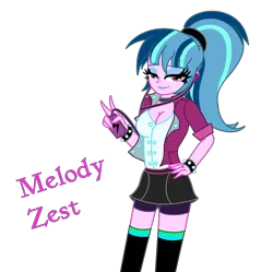 Size: 2195x2183 | Tagged: safe, artist:cbear624, derpibooru import, oc, oc:melody zest, unofficial characters only, equestria girls, bedroom eyes, hand on hip, headphones, looking at you, magical lesbian spawn, offspring, parent:lemon zest, parent:sonata dusk, parents:lemonata, phone, piercing, simple background, solo, transparent background