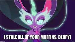 Size: 800x450 | Tagged: safe, derpibooru import, edit, edited screencap, screencap, derpy hooves, sci-twi, twilight sparkle, equestria girls, friendship games, derpy fuel, end of the world, food, image macro, meme, midnight sparkle, midnight sparkle's lines, muffin, muffins fuel, pure unfiltered evil, smirk, this will end in tears, you monster