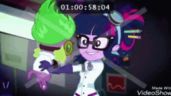 Size: 427x240 | Tagged: safe, derpibooru import, edit, edited screencap, screencap, sci-twi, spike, spike the regular dog, twilight sparkle, dog, eqg summertime shorts, equestria girls, mad twience, animated, clothes, cute, gif, gloves, goggles, lab coat, mama twilight, smiling, spikabetes, spikelove, twiabetes