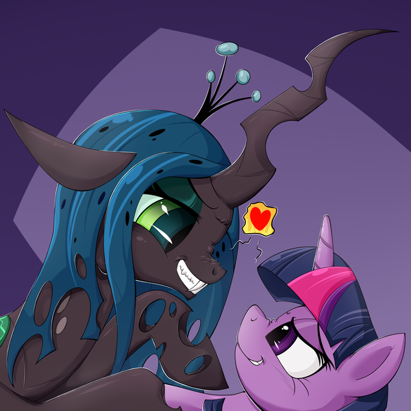Size: 1000x1000 | Tagged: suggestive, artist:deusexequus, derpibooru import, queen chrysalis, twilight sparkle, changeling, pony, fanfic, fanfic:pony courtship rituals, eyeshadow, fanfic art, fangs, female, grin, heart, lesbian, looking at each other, lying down, makeup, on back, on top, scrunchy face, shipping, smiling, twisalis