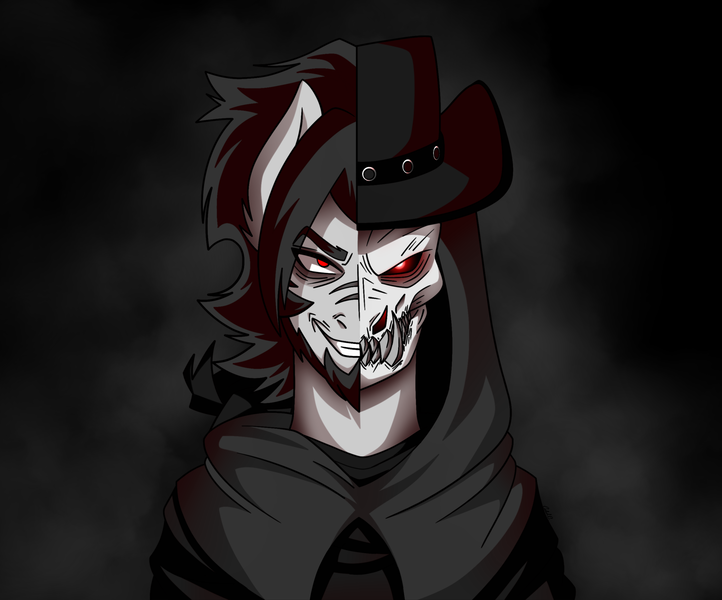 Size: 2600x2160 | Tagged: artist:ciderpunk, cowboy hat, creepy smile, derpibooru import, fanfic, fanfic art, glowing eyes, grimdark, hat, insanity, oc, oc:coldbrewcoffee, oc:skullface, red eyes, scar, teeth, unofficial characters only