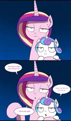 Size: 1345x2297 | Tagged: artist:doublewbrothers, baby talk, cadance is not amused, comic:luna land, cropped, derpibooru import, edit, exploitable meme, flurry heart is not amused, meme, meme origin, meme template, princess cadance, princess flurry heart, reaction image, safe, template
