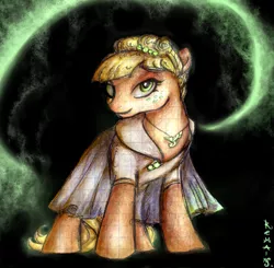 Size: 1365x1335 | Tagged: applejack, artist:remains, derpibooru import, graph paper, mixed media, orangejack, radioactive, semi-grimdark, solo, traditional art