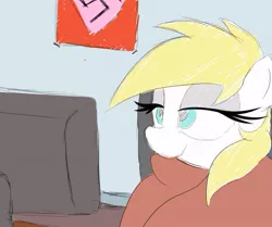 Size: 669x559 | Tagged: safe, artist:datte-before-dawn, derpibooru import, oc, oc:aryanne, unofficial characters only, blanket, computer, cozy, cute, doodle, heart, lidded eyes, meme, nazi, nazipone, sitting, solo, swastika