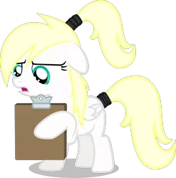 Size: 2000x2026 | Tagged: safe, artist:tuesday, derpibooru import, oc, oc:luftkrieg, unofficial characters only, pegasus, pony, aryan, aryan pony, blank flank, blonde, clipboard, concerned, female, filly, floppy ears, folded wings, frown, hairband, holding, nazipone, ponytail, reading, show accurate, simple background, standing, transparent background, vector, wings