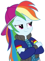 Size: 3745x5120 | Tagged: safe, artist:spottedlions, derpibooru import, rainbow dash, eqg summertime shorts, equestria girls, get the show on the road, absurd resolution, backwards ballcap, baseball cap, cap, clothes, crossed arms, female, hat, rapper, rapper dash, simple background, solo, transparent background, vector