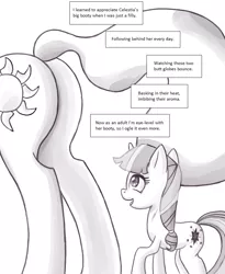 Size: 740x903 | Tagged: suggestive, artist:deusexequus, derpibooru import, edit, princess celestia, twilight sparkle, alicorn, pony, ask the princess of friendship with benefits, ask, dialogue, eyes on the prize, female, filly, lesbian, mare, monochrome, not creepy, open mouth, plot, shipping, speech bubble, sunbutt, the ass was fat, tumblr, twilestia, younger