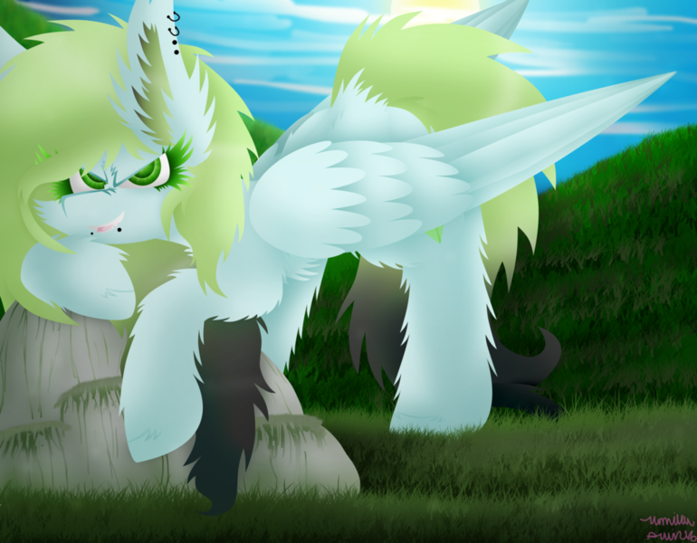 Size: 1024x798 | Tagged: safe, artist:vanillaswirl6, derpibooru import, oc, oc:emmy, unofficial characters only, pegasus, pony, art trade, bedroom eyes, bent over, cloud, cute, detailed eyes, ear piercing, face down ass up, female, fluffy, gradient mane, grass, holding onto something, lidded eyes, long mane, looking at you, mare, moss, mouth piercings, open mouth, photoshop, piercing, rock, scenery, scrunchy face, shading, sharp teeth, sky, solo, sun, teeth