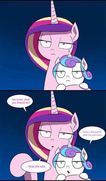 Size: 1345x2297 | Tagged: artist:doublewbrothers, cadance is not amused, comic:luna land, derpibooru import, edit, flurry heart is not amused, implied babycon, implied foalcon, meme, princess cadance, princess flurry heart, questionable