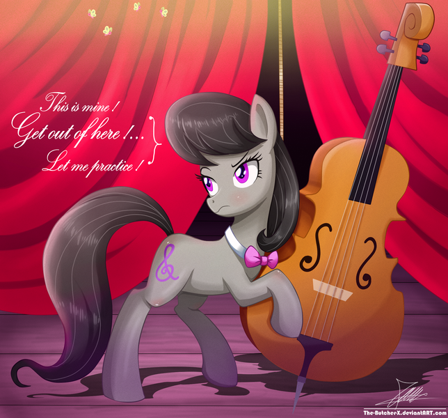 Size: 1871x1742 | Tagged: safe, artist:the-butch-x, derpibooru import, octavia melody, earth pony, pony, bowtie, cello, curtains, dialogue, female, mare, musical instrument, octavia is not amused, signature, solo, stage, unamused