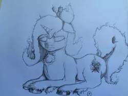 Size: 1280x960 | Tagged: safe, artist:blackonyxstar, derpibooru import, oc, unofficial characters only, pony, fire, food, marshmallow, monochrome, prone, solo, traditional art, unshorn fetlocks