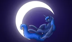 Size: 5000x2933 | Tagged: safe, artist:starlessnight22, derpibooru import, princess luna, alicorn, pony, absurd resolution, blue background, chest fluff, colored wings, colored wingtips, constellation, crescent moon, ear fluff, female, fluffy, flying, frown, galaxy mane, glow, gradient background, lidded eyes, looking down, mare, missing accessory, moon, simple background, solo, spread wings, stars, tangible heavenly object, vector, wings