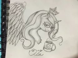 Size: 1280x960 | Tagged: safe, artist:blackonyxstar, derpibooru import, princess celestia, alicorn, pony, crown, cup, female, jewelry, lidded eyes, mare, mug, regalia, smiling, solo, traditional art