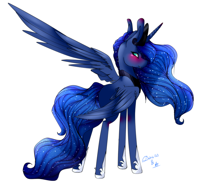 Size: 1765x1621 | Tagged: safe, artist:alithecat1989, artist:xxmissteaxx, derpibooru import, princess luna, pony, blushing, collaboration, crown, jewelry, large wings, looking back, rear view, regalia, signature, simple background, solo, transparent background, wings