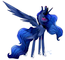 Size: 1765x1621 | Tagged: safe, artist:alithecat1989, artist:xxmissteaxx, derpibooru import, princess luna, pony, blushing, collaboration, crown, jewelry, large wings, looking back, rear view, regalia, signature, simple background, solo, transparent background, wings