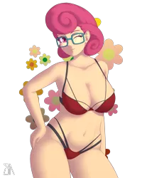 Size: 2400x3000 | Tagged: artist:souladdicted, breasts, busty posey shy, clothes, derpibooru import, female, glasses, human, humanized, milf, one eye closed, posey shy, simple background, smiling, solo, solo female, stupid sexy posey shy, suggestive, swimsuit, transparent background, wink