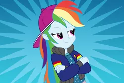 Size: 6000x4000 | Tagged: safe, artist:spottedlions, derpibooru import, rainbow dash, eqg summertime shorts, equestria girls, get the show on the road, absurd resolution, backwards ballcap, baseball cap, cap, clothes, crossed arms, female, hat, rapper, rapper dash, simple background, solo, transparent background, vector