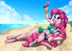 Size: 1612x1139 | Tagged: safe, artist:dankflank, derpibooru import, pinkie pie, earth pony, pony, equestria girls, armpits, beach, blue swimsuit, bracelet, clothes, cute, diapinkes, drawthread, feet, female, fluffy, frilled swimsuit, green swimsuit, human ponidox, jewelry, lying down, mare, missing cutie mark, navel cutout, one-piece swimsuit, self ponidox, selfie, side, smiling, swimsuit, tongue out