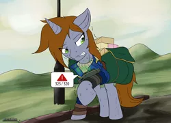 Size: 1400x1007 | Tagged: safe, artist:jeffk38uk, derpibooru import, oc, oc:littlepip, unofficial characters only, pony, unicorn, fallout equestria, fanfic, clothes, fanfic art, female, hoarder, hoarding, hooves, horn, inventory, mare, over encumbered, pipbuck, saddle bag, solo, speech bubble, teeth, vault suit