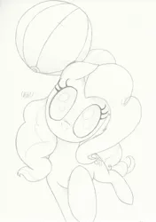 Size: 2398x3408 | Tagged: safe, artist:ethereal-desired, derpibooru import, pinkie pie, pony, beach ball, high res, monochrome, solo, traditional art
