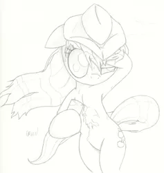 Size: 2420x2549 | Tagged: safe, artist:ethereal-desired, derpibooru import, applejack, pony, armpits, bipedal, glass, hat, high res, monochrome, solo, traditional art, windswept mane