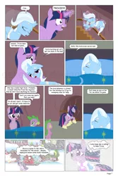 Size: 864x1296 | Tagged: safe, artist:dekomaru, derpibooru import, spike, trixie, twilight sparkle, dragon, pony, comic:the greatest gift, artifact, bed, clothes, comic, magic, scarf, snow, stairs, winter