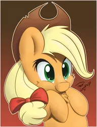 Size: 1280x1674 | Tagged: safe, artist:tg1117, derpibooru import, applejack, earth pony, pony, bow, bust, cheek fluff, chest fluff, cute, ear fluff, female, gradient background, hair bow, hat, hooves to the chest, jackabetes, mare, portrait, signature, smiling, solo