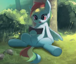 Size: 1006x838 | Tagged: safe, anonymous artist, artist:apricolor, derpibooru import, edit, rainbow dash, pegasus, pony, belly button, book, cute, dashabetes, dock, drawthread, female, leaning, mare, open mouth, questionable source, reading, sitting, solo, tree