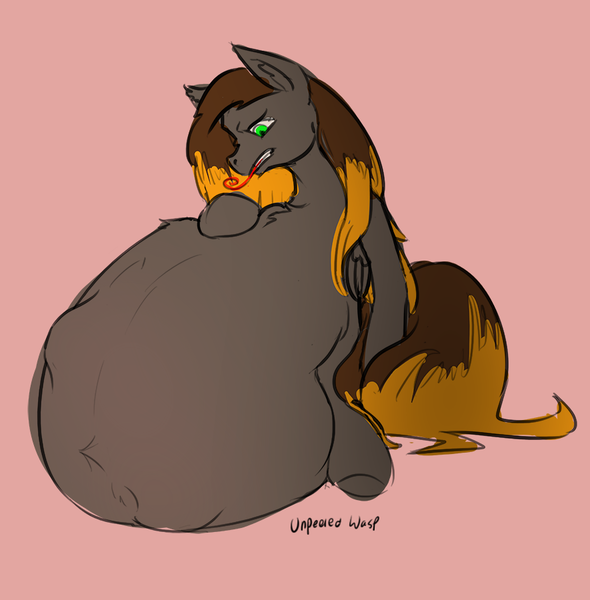 Size: 885x900 | Tagged: artist:unpeeledwasp, belly, derpibooru import, fetish, impossibly large belly, male, oc, oc:caz, questionable, solo, solo male, unofficial characters only, vore