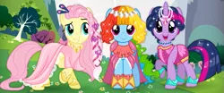 Size: 743x308 | Tagged: safe, artist:unicornsmile, derpibooru import, fluttershy, rainbow dash, twilight sparkle, pony, alternate hairstyle, clothes, dress, dressupwho, female, looking at you, mare, open mouth, outdoors, rainbow dash always dresses in style, smiling, trio