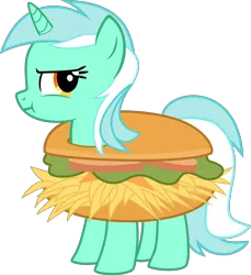 Size: 3323x3623 | Tagged: safe, artist:seagale, derpibooru import, lyra heartstrings, pony, unicorn, :t, burger, clothes, costume, food, food costume, grumpy, hamburger, hay burger, high res, looking back, lyra is not amused, lyra's gift, simple background, solo, transparent background, unamused, vector