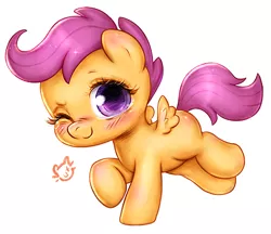 Size: 470x407 | Tagged: safe, artist:catmag, derpibooru import, scootaloo, pegasus, pony, blushing, cute, cutealoo, female, filly, looking at you, one eye closed, simple background, solo, weapons-grade cute, white background, wink