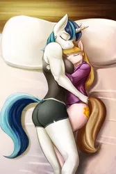 Size: 960x1440 | Tagged: safe, artist:d-lowell, derpibooru import, shining armor, oc, oc:molten mallard, anthro, amazon, bed, biceps, breasts, busty gleaming shield, canon x oc, clothes, cute, eyes closed, female, gleamibetes, gleaming shield, lesbian, midriff, muscles, muscular female, pillow, rule 63, rule63betes, shipping, shorts, size difference, sleeping