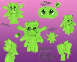 Size: 1500x1209 | Tagged: artist:oouichi, derpibooru import, exclamation point, expressions, female, goo pony, oc, oc:ooui, original species, reference sheet, safe, solo, text, unofficial characters only