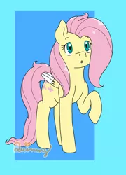 Size: 1024x1425 | Tagged: safe, artist:yanie-the-brown-pone, derpibooru import, fluttershy, pony, colored wings, curious, female, folded wings, looking up, mare, multicolored wings, open mouth, raised eyebrow, raised hoof, solo, standing
