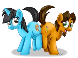 Size: 1024x768 | Tagged: safe, artist:iheartjapan789, derpibooru import, oc, oc:alex the chubby pony, oc:andrea, unofficial characters only, earth pony, pony, unicorn, butt bump, butt to butt, butt touch, female, male, mare, simple background, stallion, transparent background