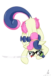 Size: 1000x1500 | Tagged: safe, artist:truffle shine, derpibooru import, bon bon, sweetie drops, earth pony, pony, dock, glasses, katana, mouth hold, prone, secret agent sweetie drops, signature, simple background, solo, sword, transparent background, weapon