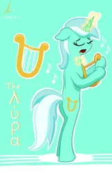 Size: 3300x5100 | Tagged: safe, artist:truffle shine, derpibooru import, lyra heartstrings, pony, unicorn, absurd resolution, bipedal, cutie mark, eyes closed, floppy ears, horn, lyre, magic aura, music notes, musical instrument, open mouth, poster, signature, singing, solo
